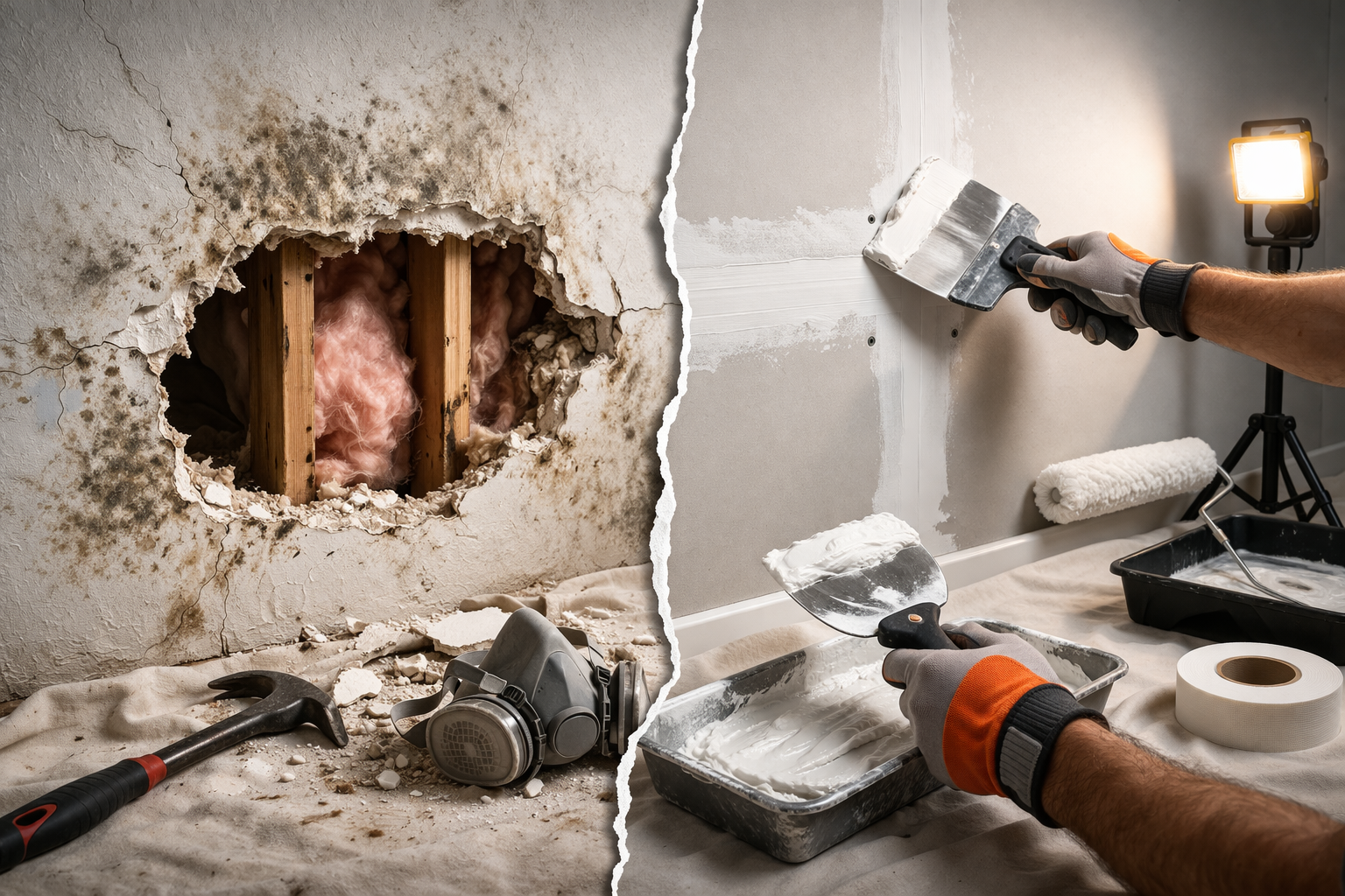A split-screen showing a moldy, damaged wall on the left and a worker repairing a drywall seam on the right.