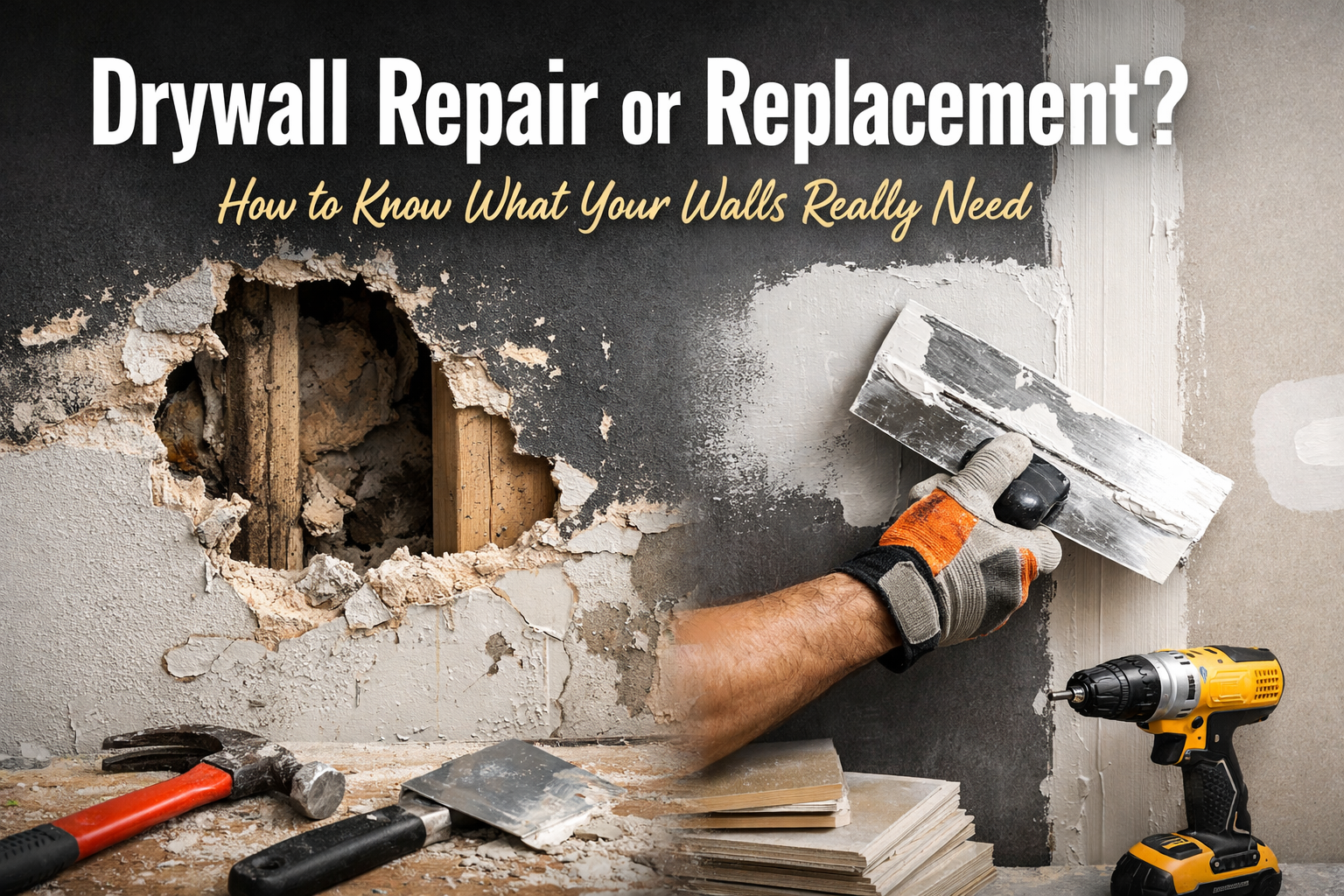 A wall with a large hole next to a hand using a trowel to apply compound, with drywall tools and a drill nearby.