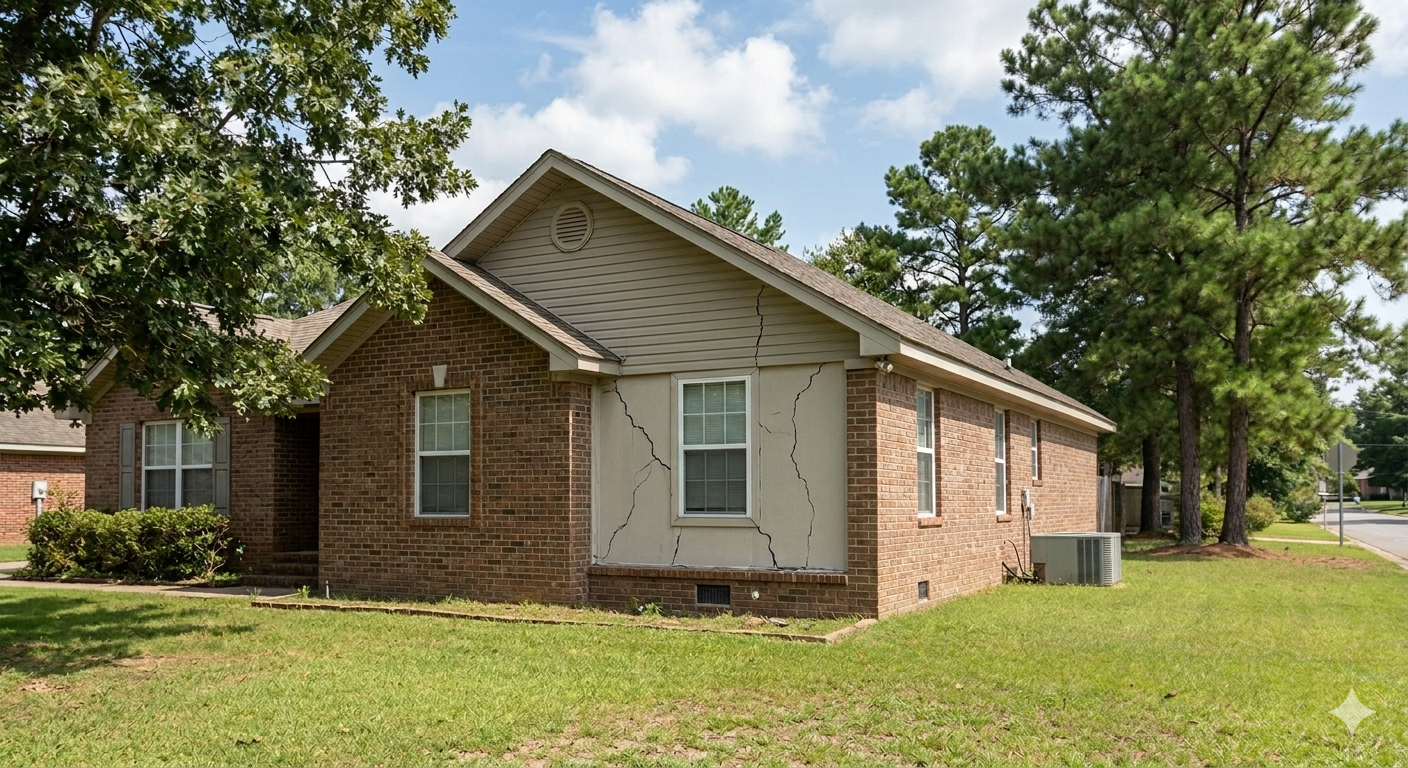 A single-story brick house with a tan-colored bump-out showing prominent diagonal structural cracks in the siding.