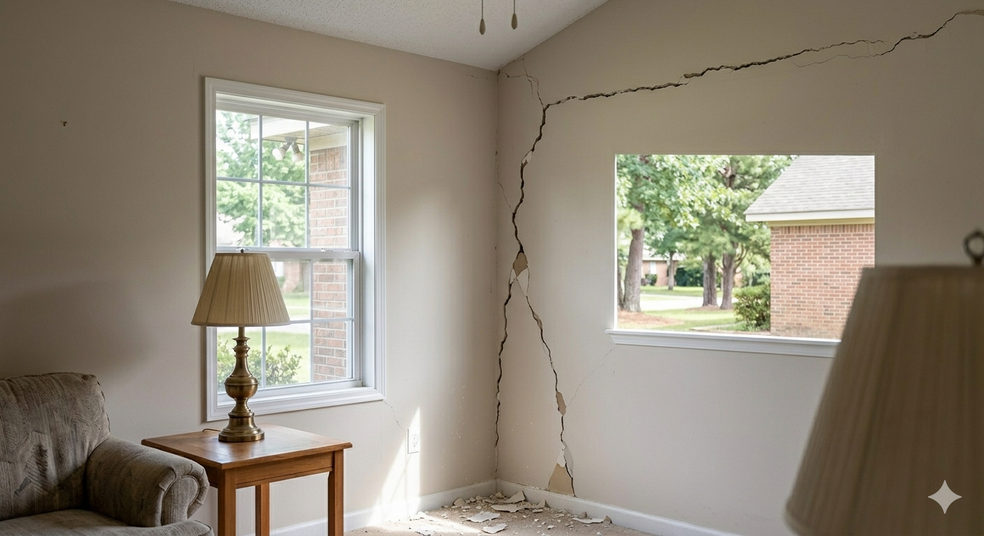 A room with a large, jagged crack running through the drywall from the floor to the ceiling near a window.