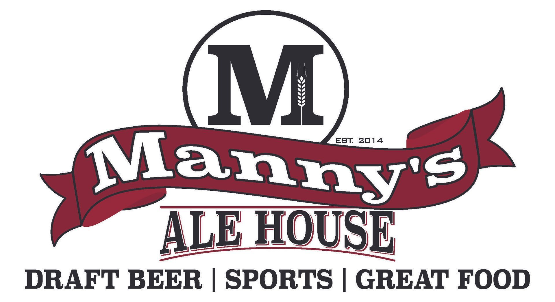 A logo for manny 's ale house that says draft beer sports great food