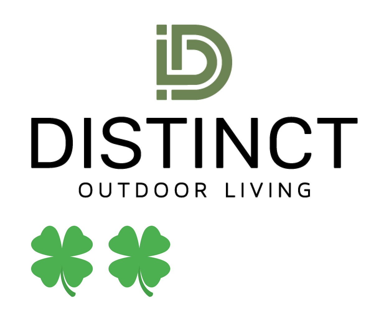 A logo for distinct outdoor living with two green clovers on a white background.
