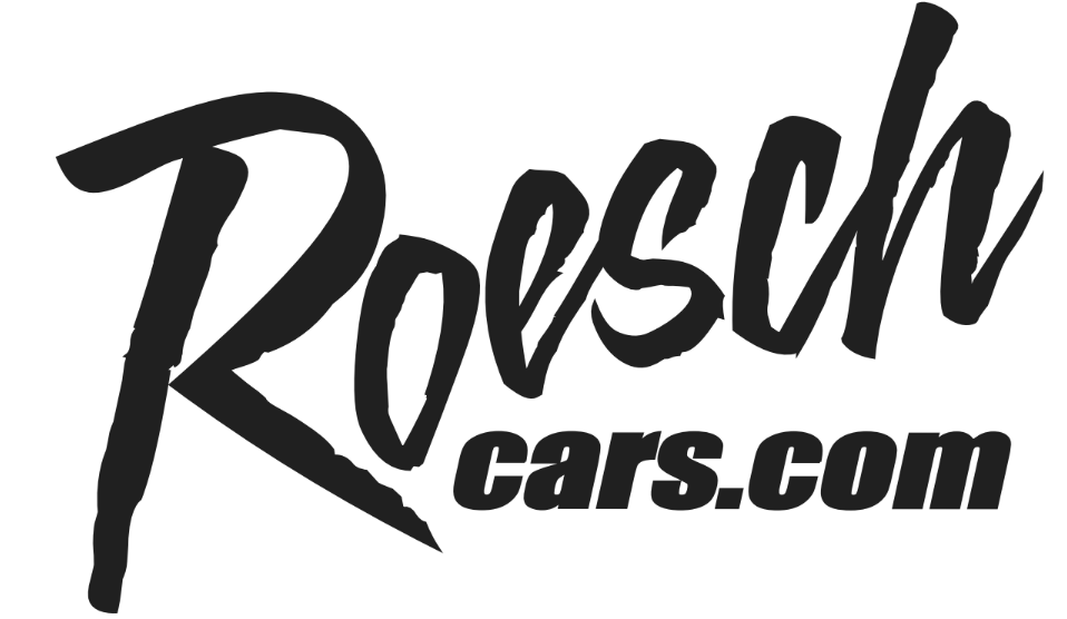 The logo for roesch cars.com is black and white.