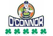 A logo for o 'connor plumbing with a man holding a pipe and shamrocks.