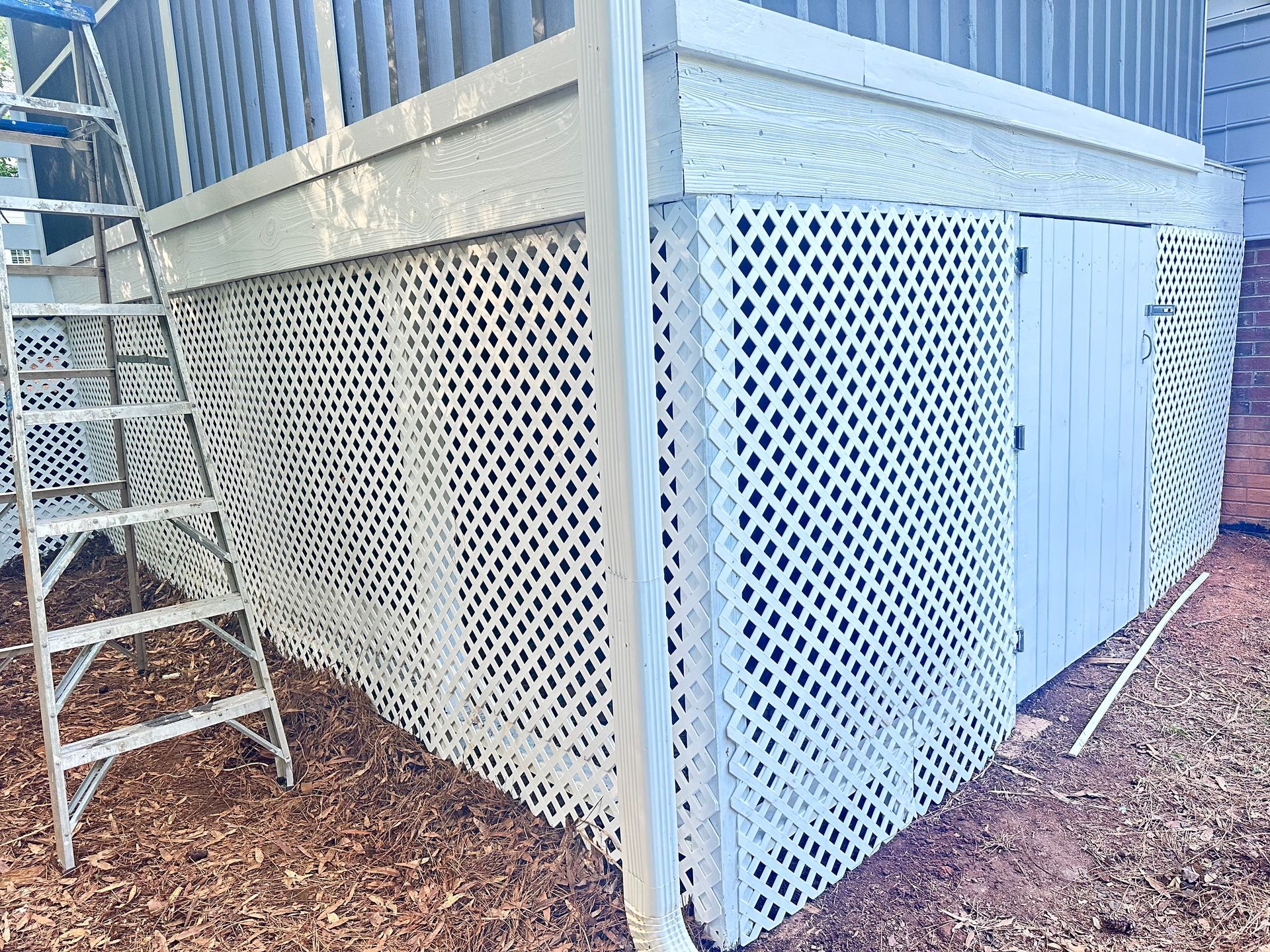 White latticework covers the side of a shed with a door and a ladder leaning against it.
