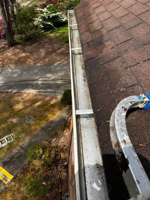 Gutter along a red roof filled with debris. A metal ladder rests against the roof.
