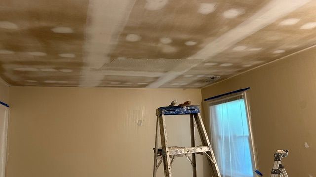 Room with ceiling drywall repair in progress; tan walls, ladder, window.