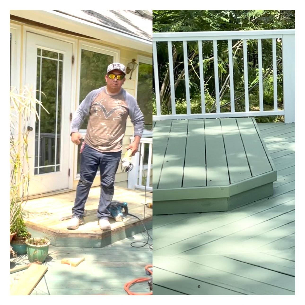 Man on a deck, holding a tool, next to a newly constructed deck area painted green.