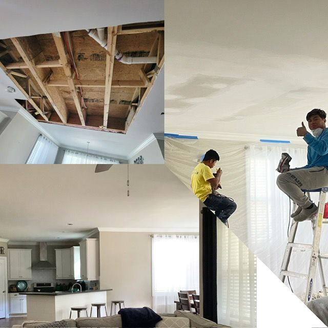 Ceiling repair process: damaged ceiling, workers patching and repainting. Living room with kitchen in background.