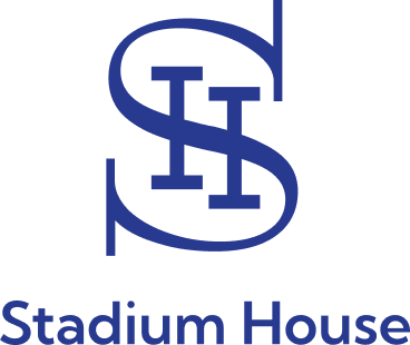 A blue and white logo for stadium house
