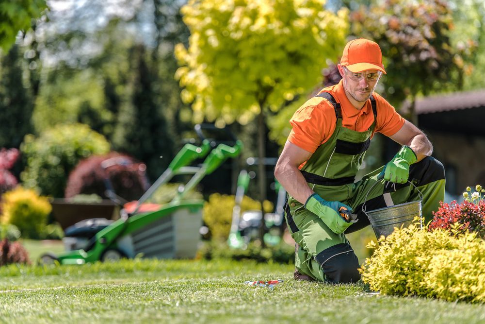 Jardinero arrodillado, cuidando plantas con un cubo, con overol verde y gorra naranja. Césped y cortadora de césped al fondo.