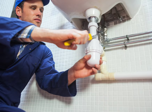 Plumber in blue uniform working under a sink, using a wrench to repair plumbing.