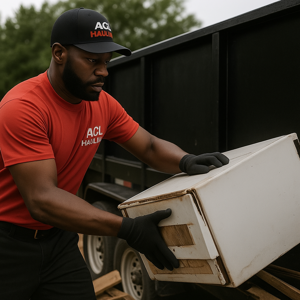 Man in red shirt and black gloves loading a box into a black trailer.