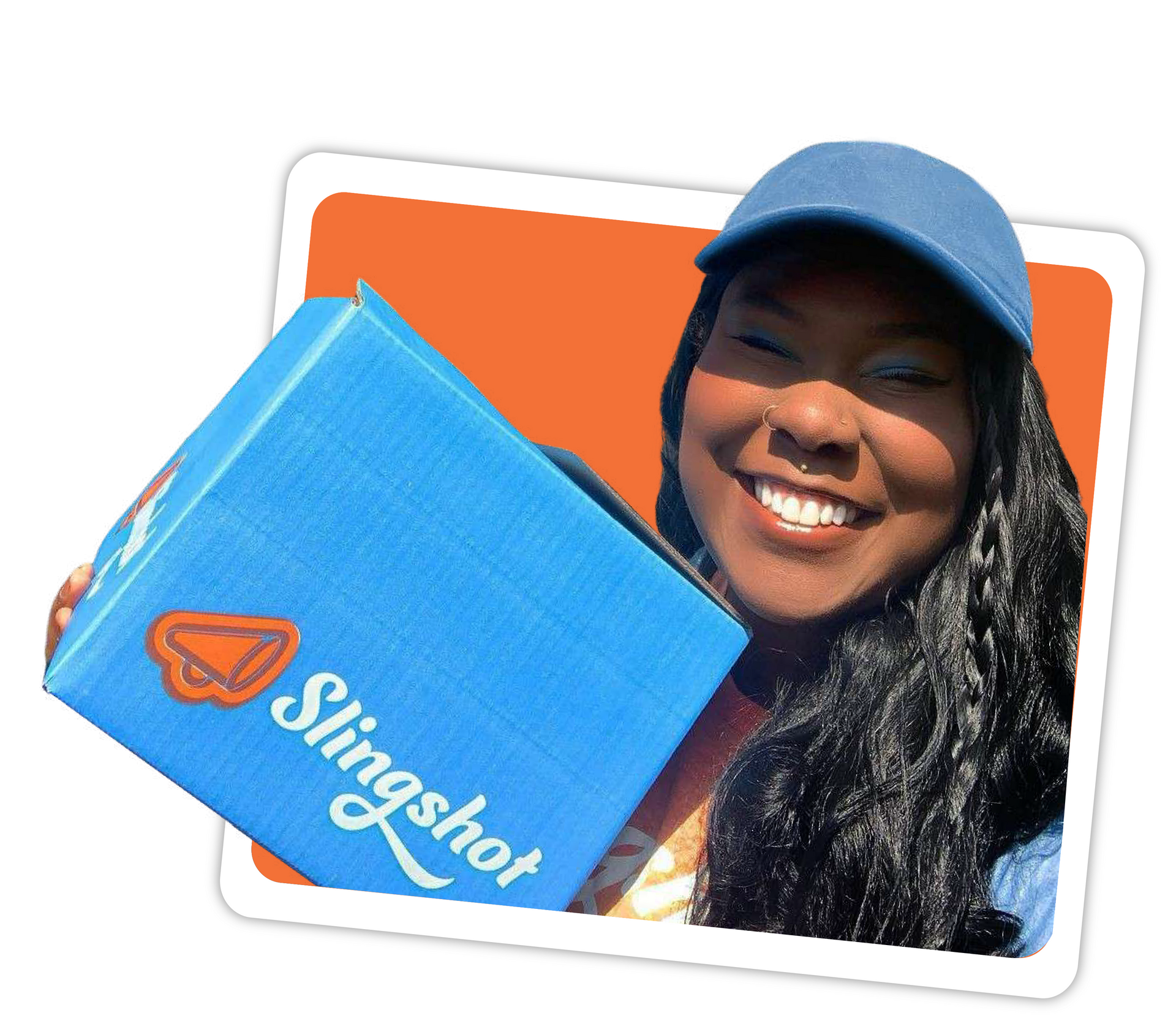 a woman holding a blue box that says slingshot on it