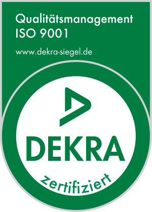 Ein grünes DEKRA-zertifiziertes Siegel für Qualitätsmanagement nach ISO 9001 mit DEKRA-Logo und Website-URL.