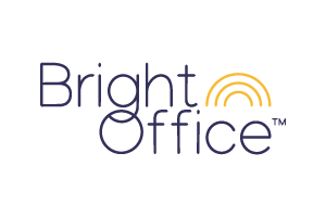 Bright Office logo: navy text, stylized 'O' and yellow arc above 'Office'.