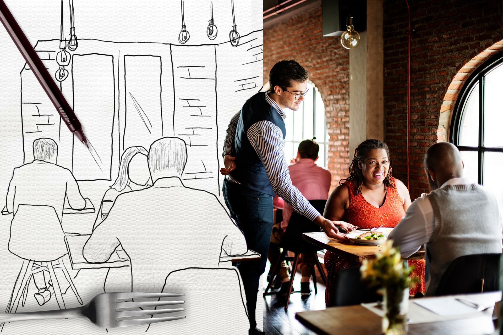 Waiter serves food to diners in a restaurant. Half sketched, half realistic