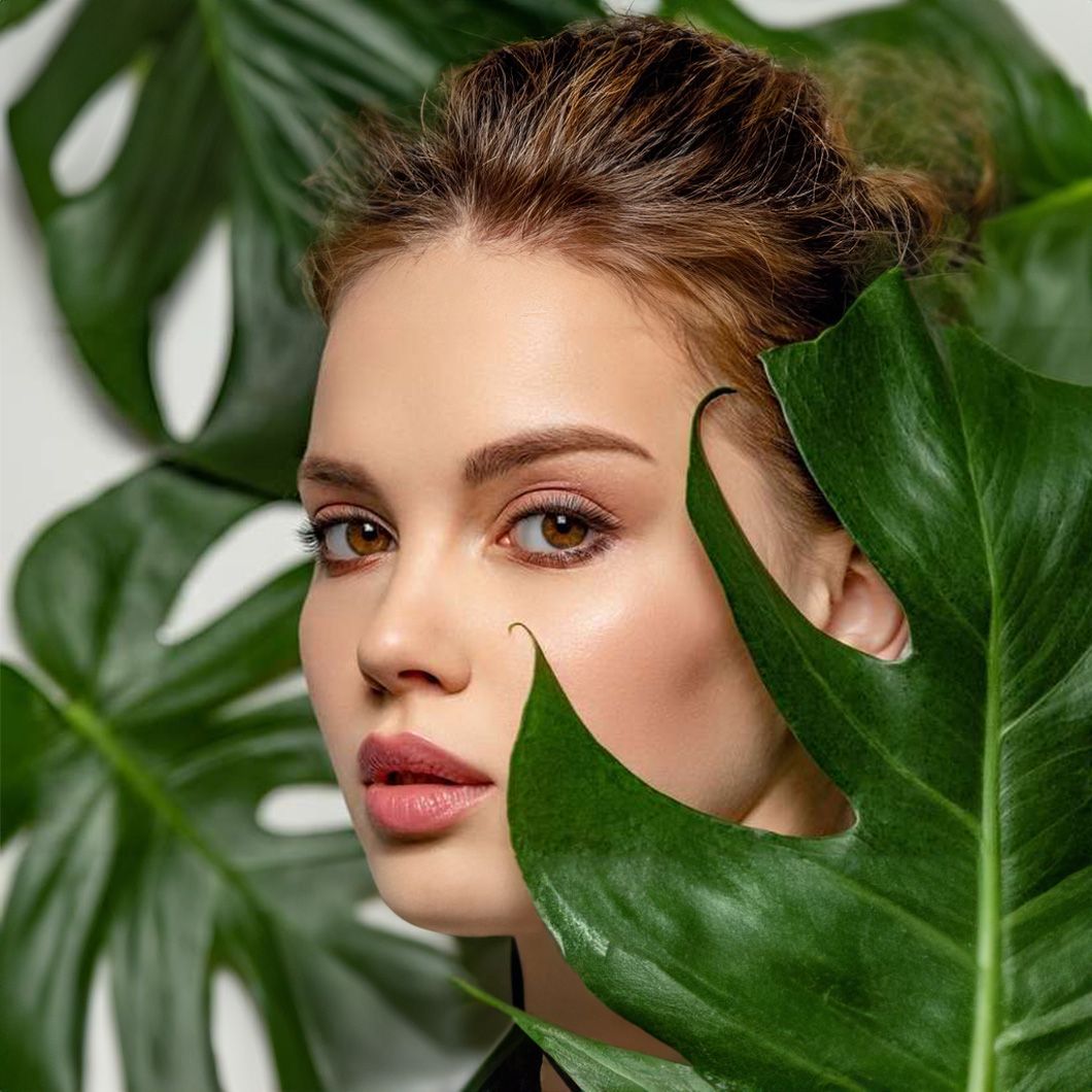 A close up of a woman 's face behind a green leaf.