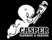 Logo for Casper Plumbing & Heating featuring a white Casper the Ghost holding a wrench, set against a black background.