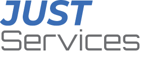 The logo for just services is blue and gray on a white background.