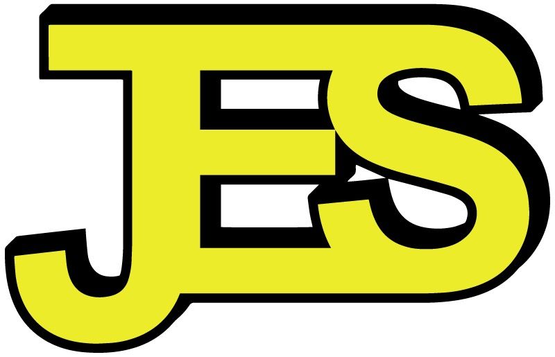 A yellow and black logo for jes on a white background.