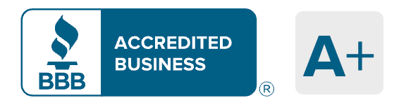 A blue and white sign that says accredited business a+