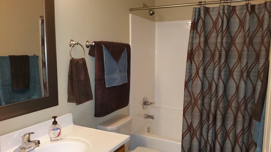 Close-up of shower in full bathroom