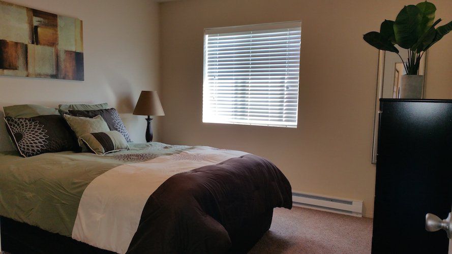 Bedroom with full-size bed, dresser, and window