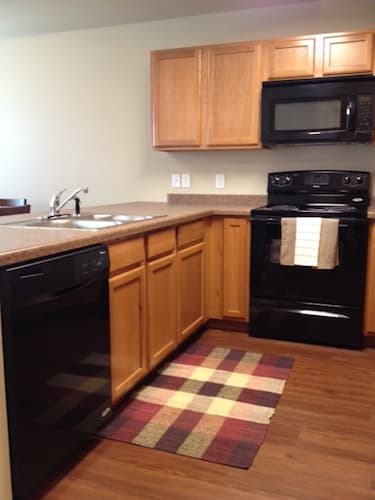 Kitchen with double sink and black appliances