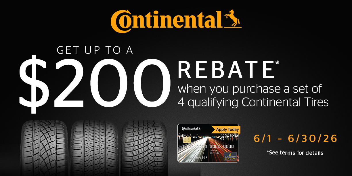 Continental tire rebate ad offering up to $200 back on qualifying tires, June 1–30, 2024