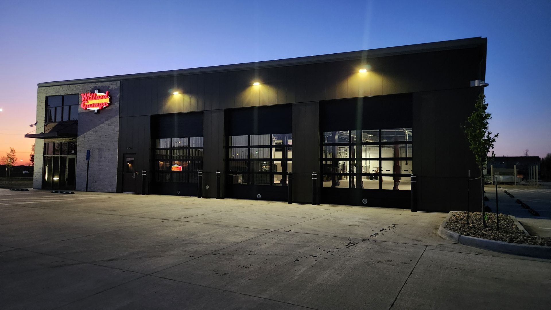 Our new building at night at Willard Garage
