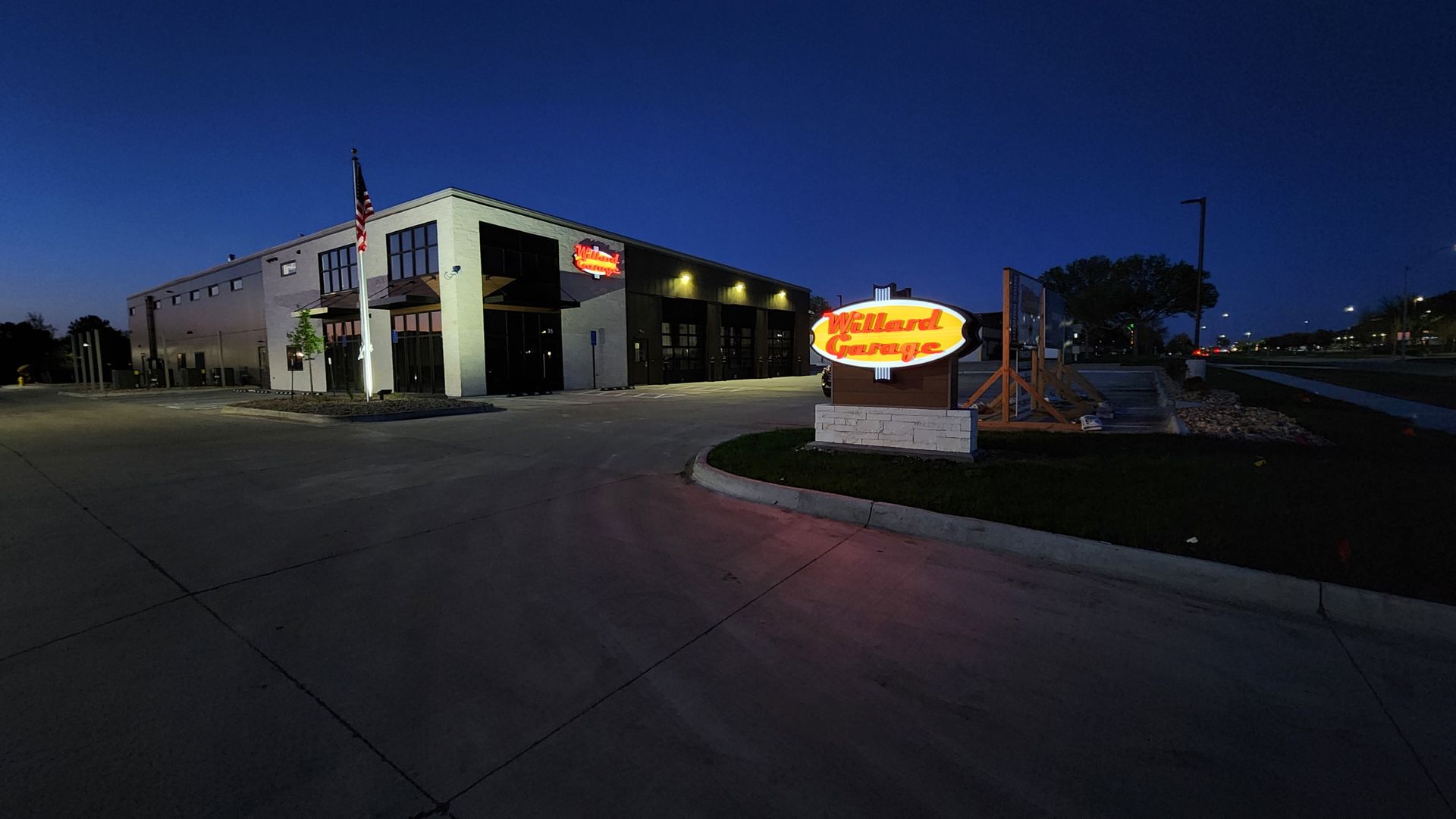 Our new building at night at Willard Garage