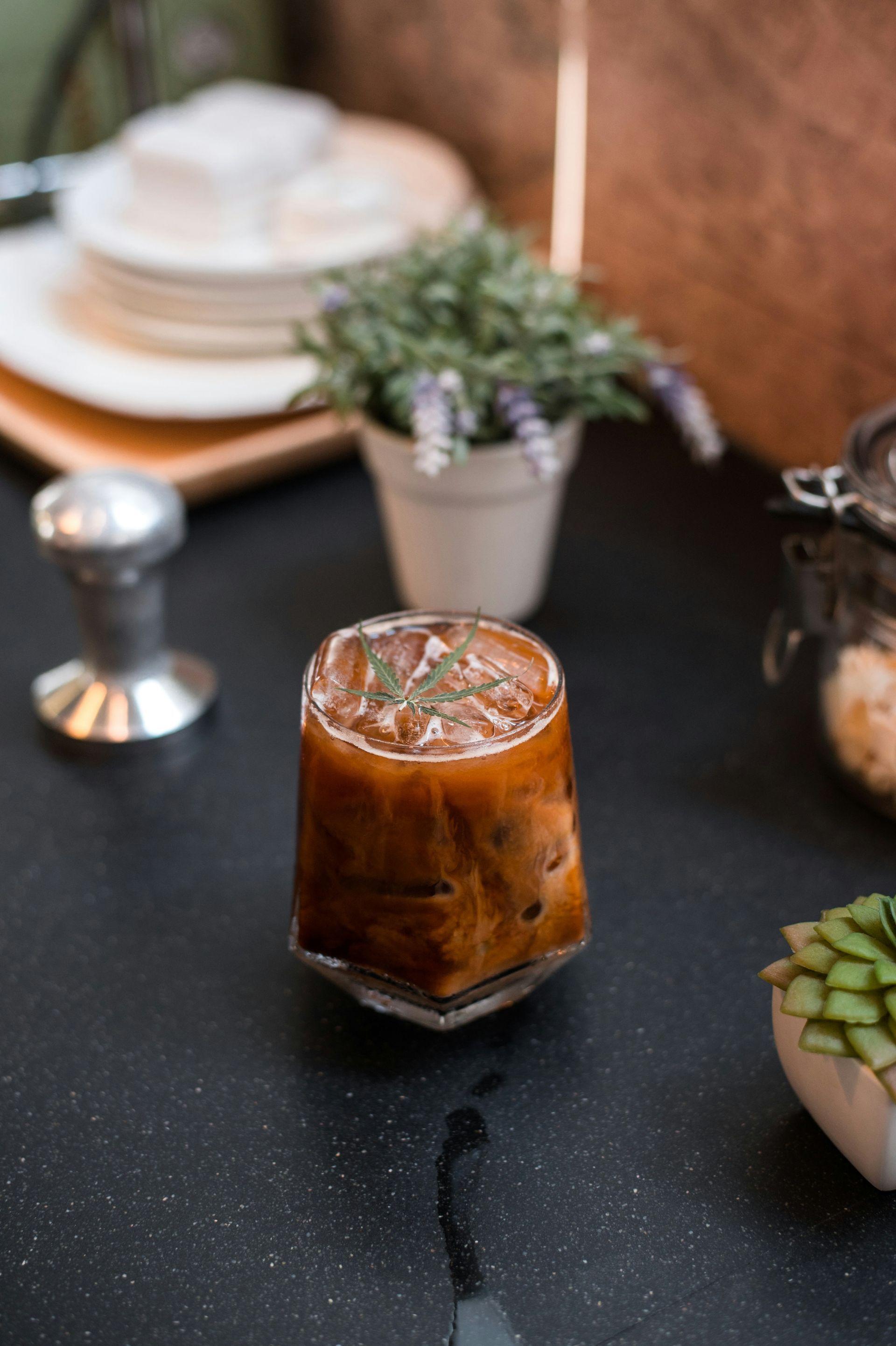 Glass of iced coffee with a sprig of rosemary on a dark table, with coffee supplies and a small plant.