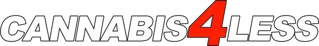CANABIS 4 LESS logo in white outlined font, with a red number 4.