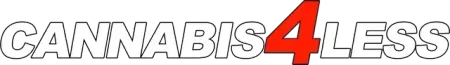 CANABIS 4 LESS logo in white outlined font, with a red number 4.
