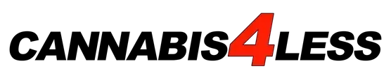 Cannabis4Less logo with black text and a red number 