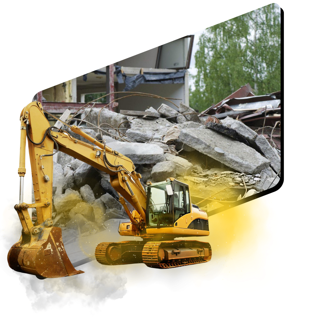 An excavator with rubble in the background.