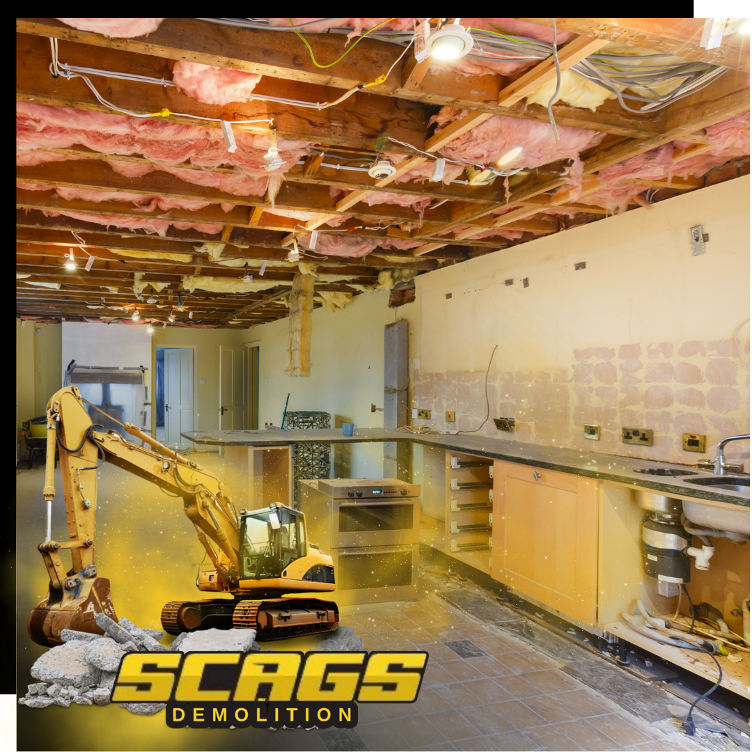 An old kitchen with scags excavator