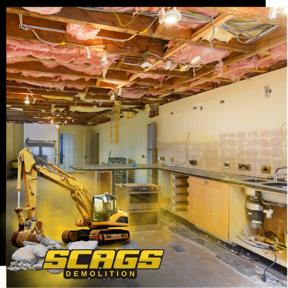 An old kitchen with scags excavator