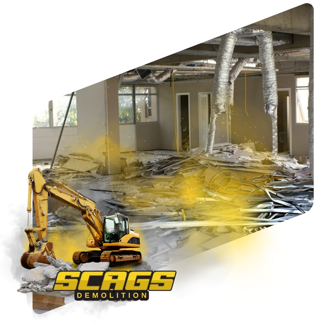 A yellow excavator with Scags Demolition logo