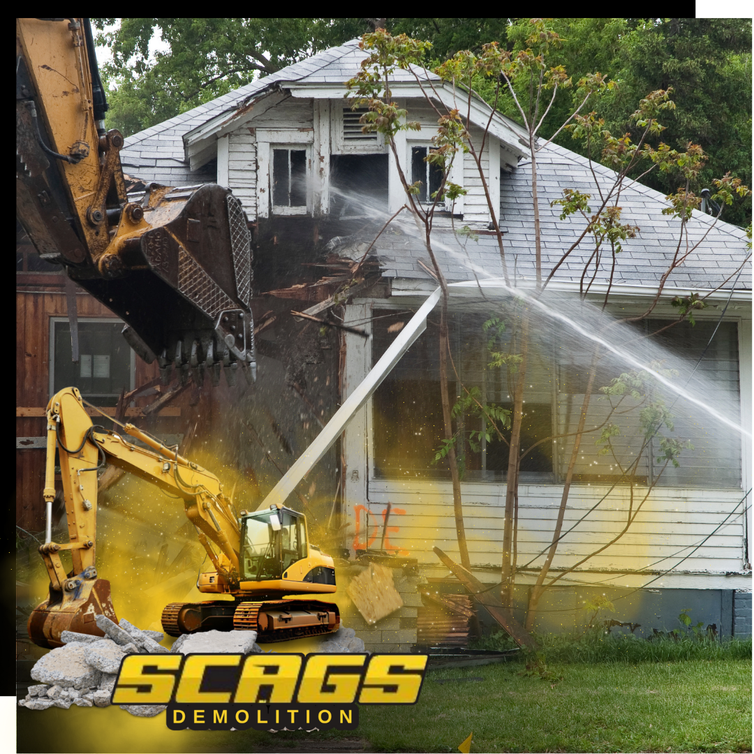 A house demolition image with a scags excavator