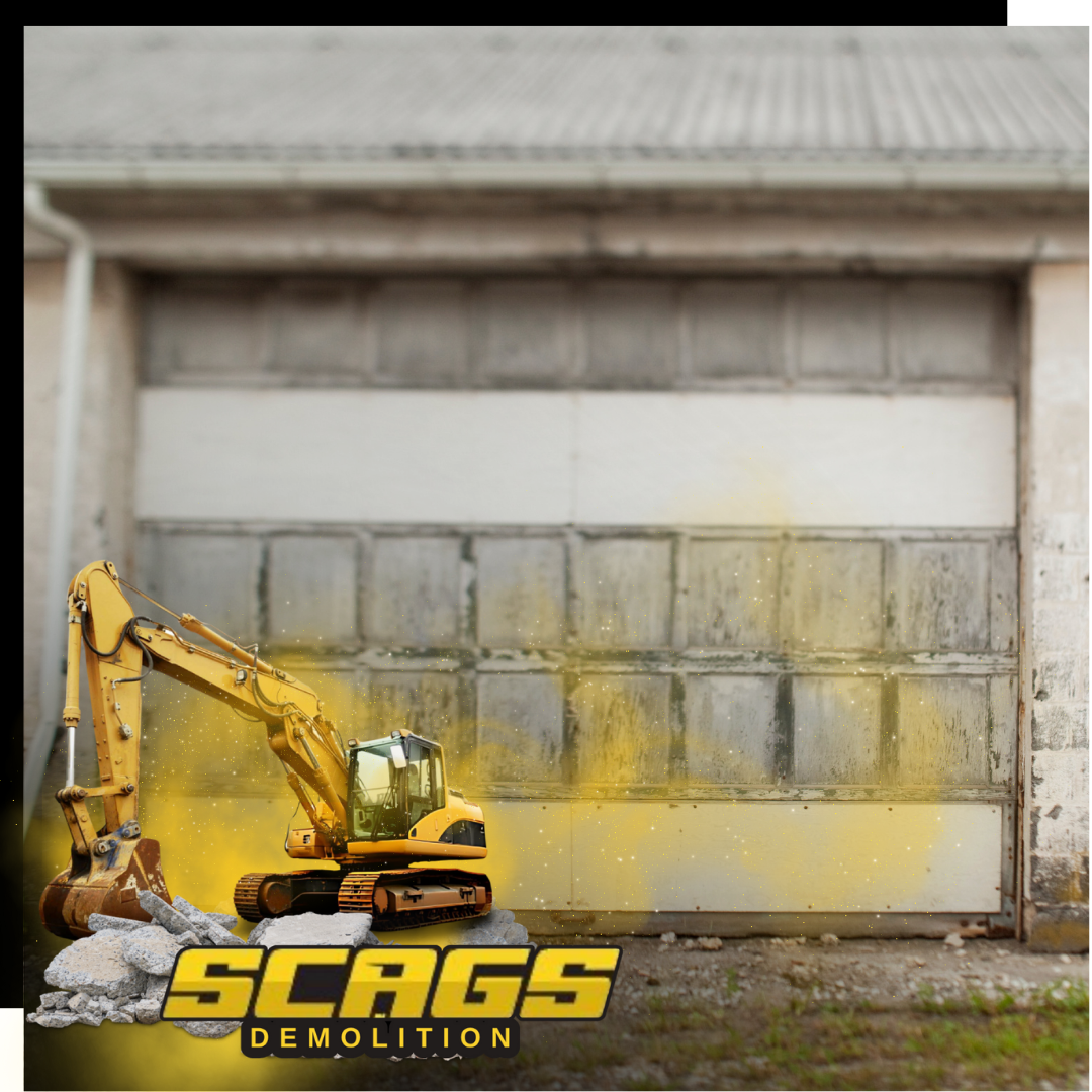 An old garage image with scags excavator