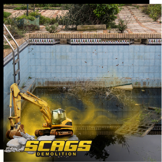 An image of very old pool with scags excavator