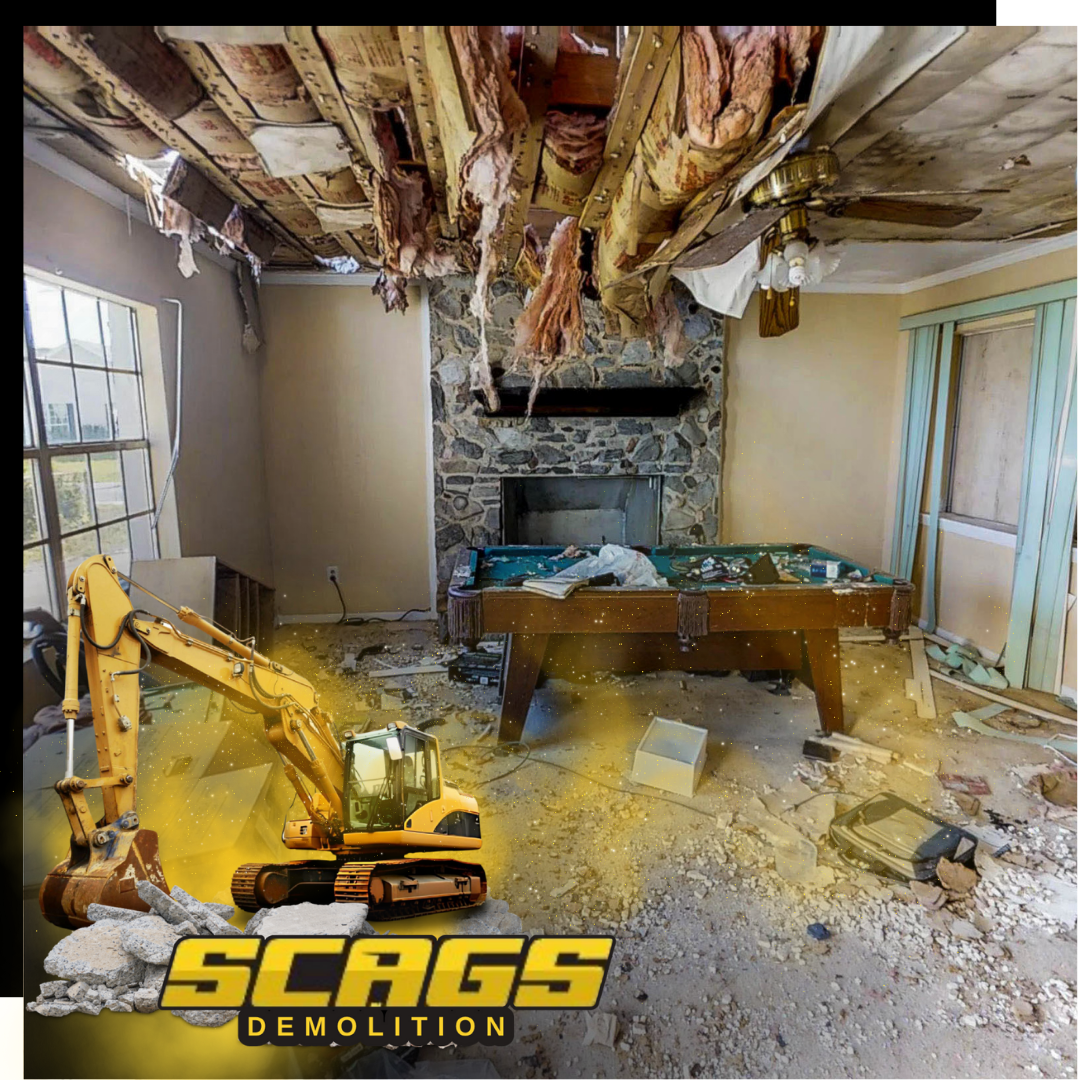 A demolished  interior with scags excavator