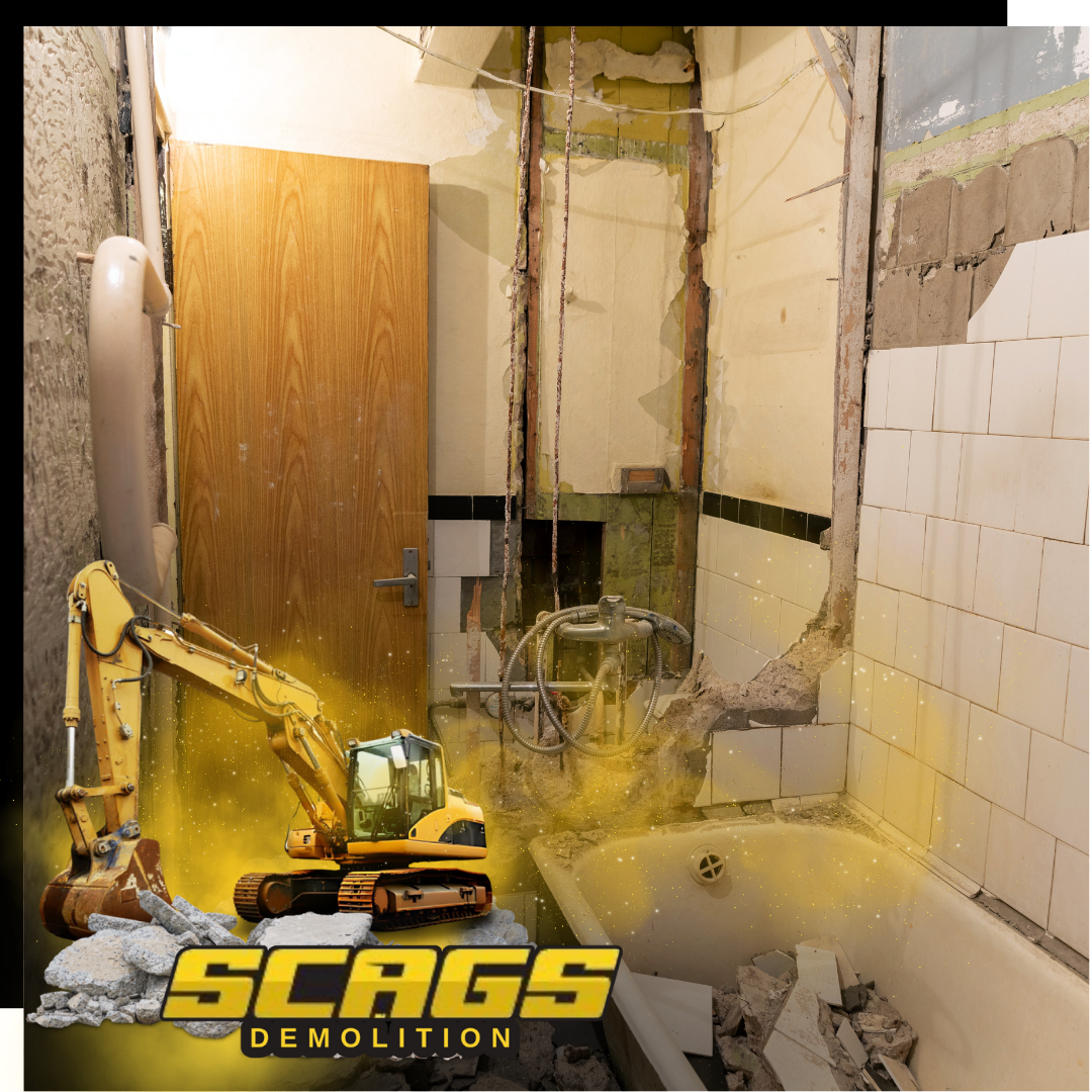 An old bathroom with scags excavator