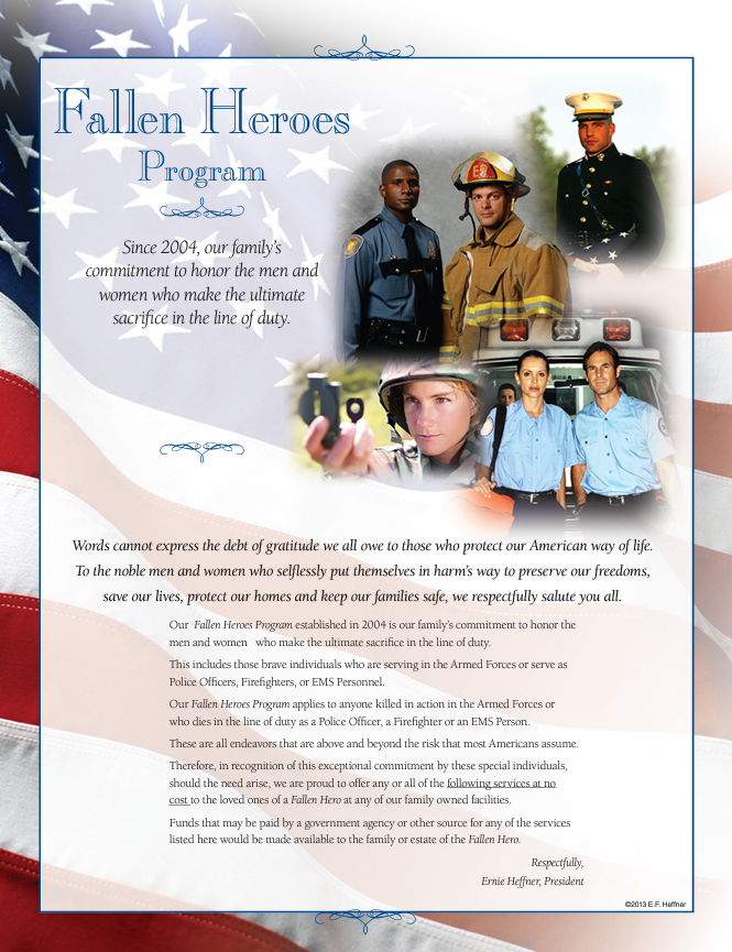 a poster for the fallen heroes program with a picture of a fireman and a police officer .