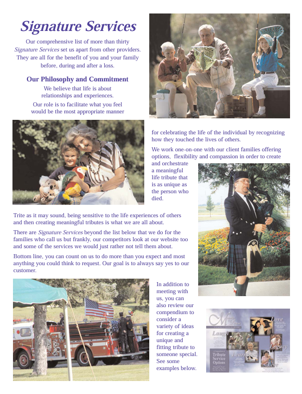 a brochure for signature services shows a man in a kilt playing a bagpipe .