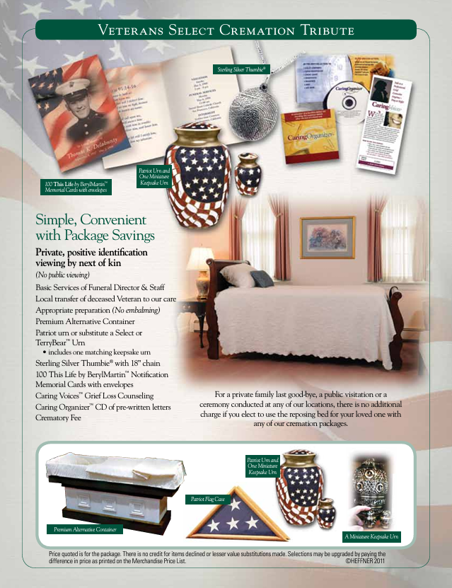 a brochure for veterans select cremation tribute shows a bedroom with a bed , vases , and a flag .