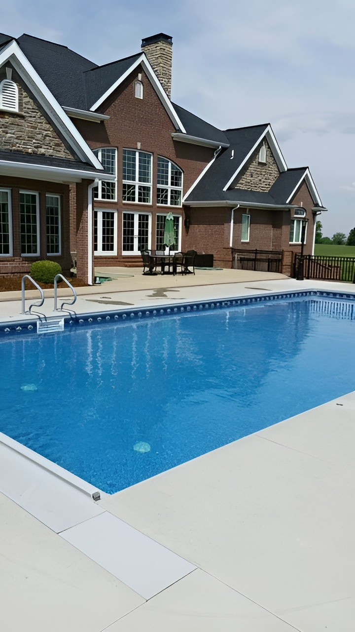 A large house with a large swimming pool in front of it