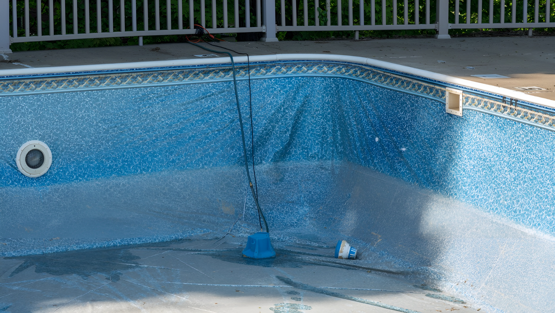 An empty swimming pool with a white fence in the background.